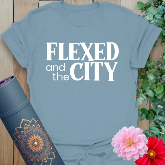 Muted stone blue yoga t-shirt featuring fun flex-inspired design for active, mindful, stylish living.
