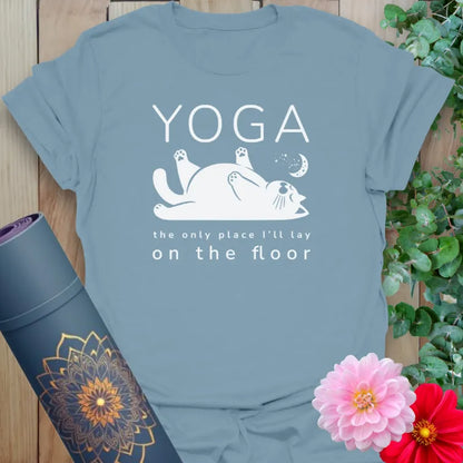 Muted stone blue yoga t-shirt featuring funny yoga cat design for relaxation, humor, and mindful self-care.