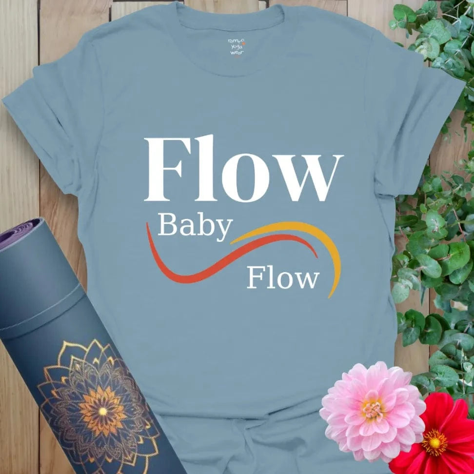 Stone Blue Flow Baby Flow T-Shirt featuring clean design and uplifting messaging. Unisex fit yoga shirt for relaxed, soulful style.