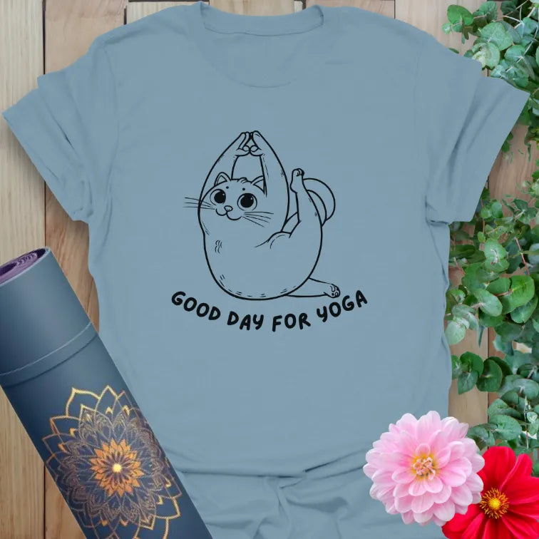 Muted stone blue yoga t-shirt featuring playful yoga cat and "Good Day for Yoga" message for soulful, cheerful living.