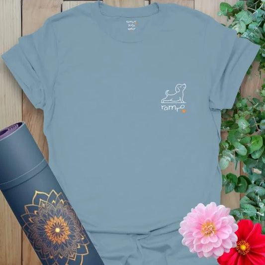 Stone Blue Good Energy T-Shirt with minimalist yoga dog art and heart. Calm and uplifting everyday tee.