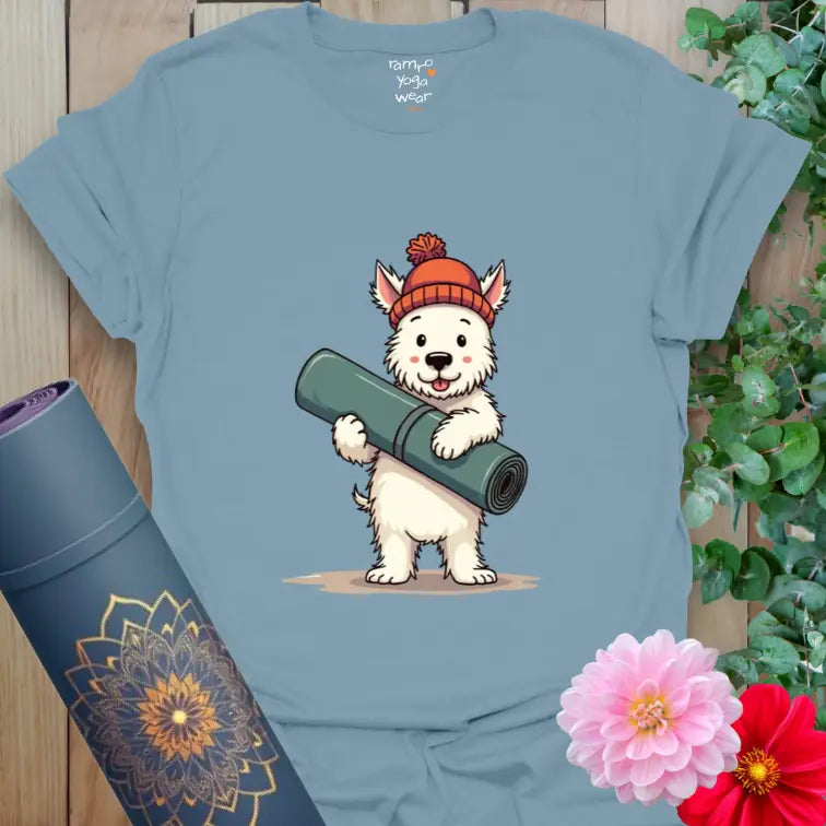 Stone Blue Hamish T-Shirt featuring a Westie dog holding a yoga mat in a relaxed yoga inspired illustration.