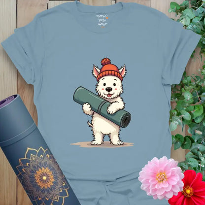 Stone Blue Hamish T-Shirt featuring a Westie dog holding a yoga mat in a relaxed yoga inspired illustration.