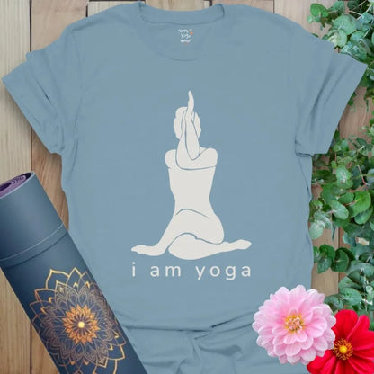 Stone Blue I Am Yoga T-Shirt with minimalist yoga pose illustration and phrase “I Am Yoga.” Unisex yoga clothing for daily mindful movement.