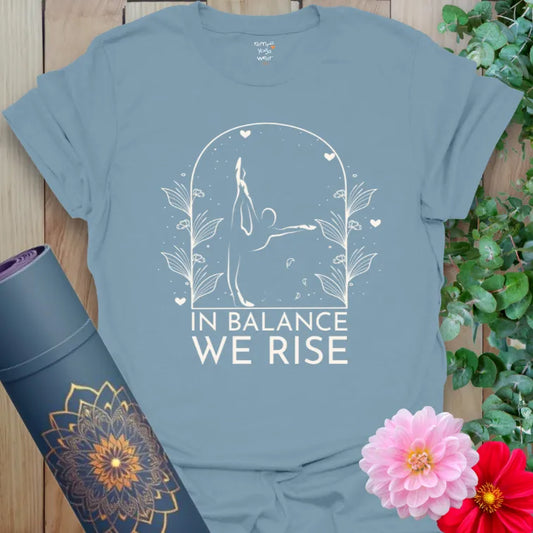 Stone Blue balance tee with peaceful yoga line art in white. Stylish and grounded, ideal for intentional movement.
