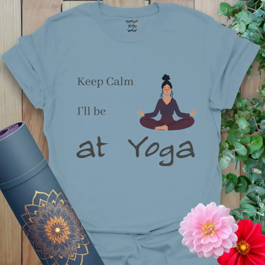 Stone Blue Keep Calm T-Shirt with meditating yogi design and soft, mindful yoga humor.
