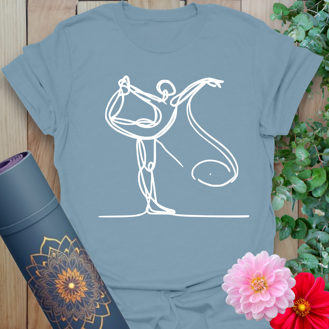 Muted stone blue yoga t-shirt with fluid King Dancer design perfect for soulful, artistic, mindful living.