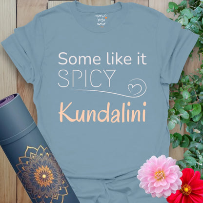 Stone Blue Kundalini T-Shirt with stylized text in peach and white. Kundalini-inspired yoga tee for everyday wear.