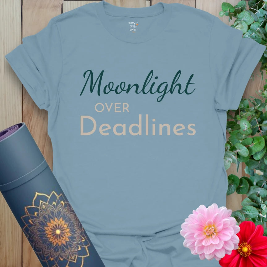 Stone Blue tee with minimalist “Moonlight Over Deadlines” phrase in serene hues. For yoga, slow life, and moonlit moments.