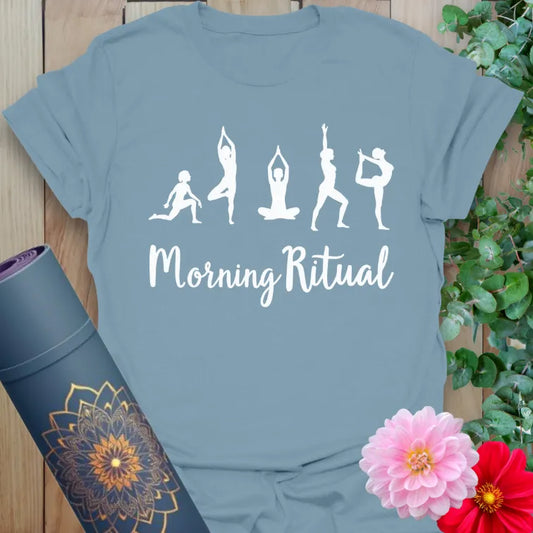 Muted stone blue yoga t-shirt with yoga poses and morning affirmation inspiring conscious energy and heart-centered living.