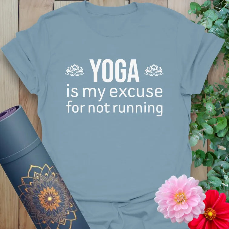 Muted stone blue yoga t-shirt with funny yoga message inspiring soulful humor and mindful lifestyle joy.