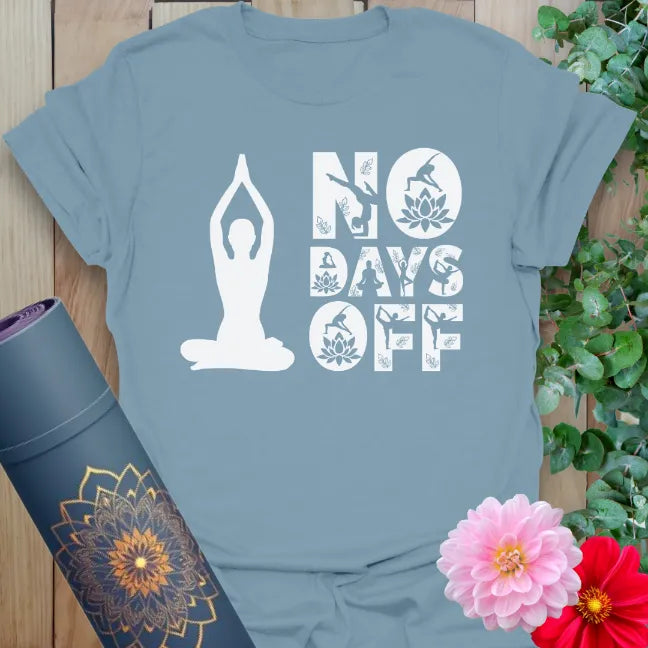 Muted stone blue yoga t-shirt with empowering quote and meditation figure inspiring daily conscious effort and soulful resilience.
