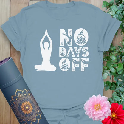 Muted stone blue yoga t-shirt with empowering quote and meditation figure inspiring daily conscious effort and soulful resilience.