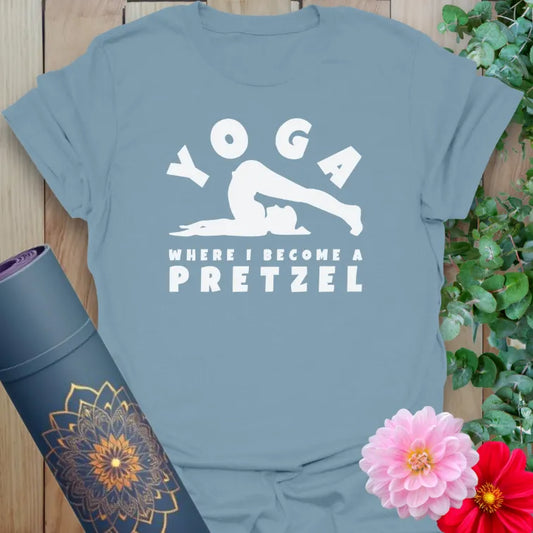 Muted stone blue yoga t-shirt featuring funny yoga twist design celebrating mindful movement and laughter in the practice.