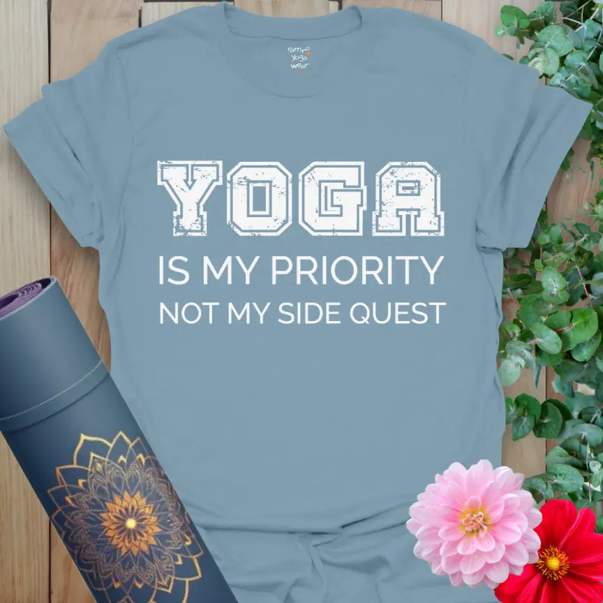 Stone Blue Priority T-Shirt showcasing a clean, modern reminder to prioritize yourself, perfect for mindful movement and daily wear.