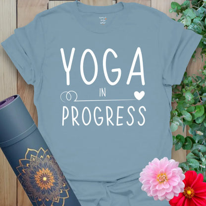 Stone Blue Progress T-Shirt with simple progress statement. Comfortable, flow-ready yoga tee.