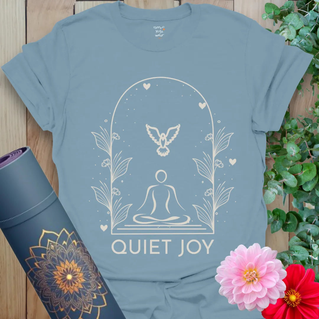 Stone Blue Quiet Joy T-Shirt with tranquil design capturing quietness, presence, and heartfelt stillness.