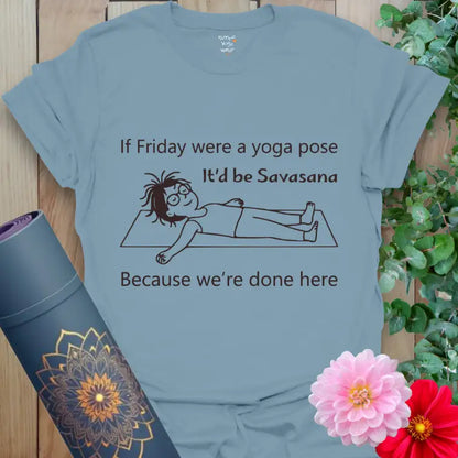 Stone Blue Savasana Friday T-Shirt featuring calm minimalist line art of a yogi resting in Savasana with relaxed hair and serene expression.