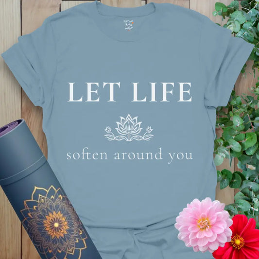 Stone Blue Soften T-Shirt with a serene, restorative message perfect for yoga practice, soft resets, and daily comfort.