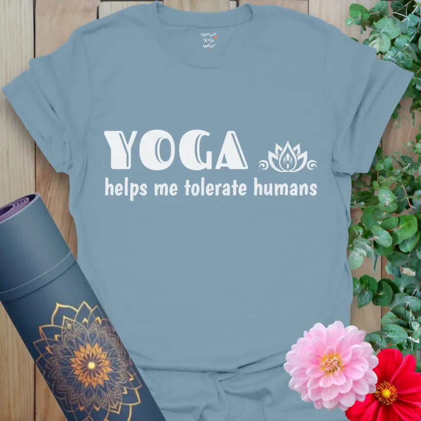 Stone Blue Tolerate T-Shirt showcasing the phrase “Yoga helps me tolerate humans” with a clean, modern yoga aesthetic.