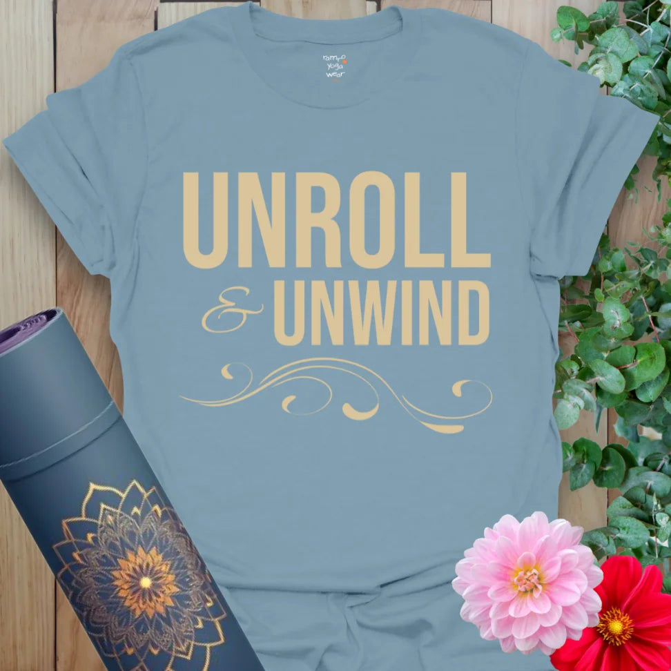 Stone Blue Unroll T-Shirt with flowing underline and centered affirmation. Perfect for calm, comfort, and daily exhale.