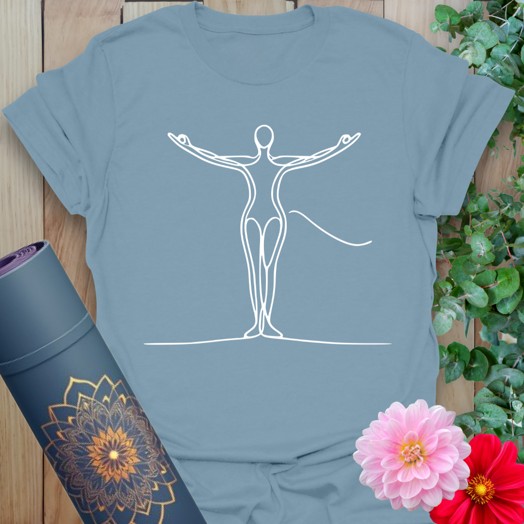 Muted stone blue yoga t-shirt with artistic pose design reflecting inner triumph and balance.