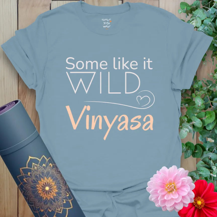Stone Blue Vinyasa T-Shirt with soft, playful print. Fun and breezy flow yoga top for the adventurous spirit.