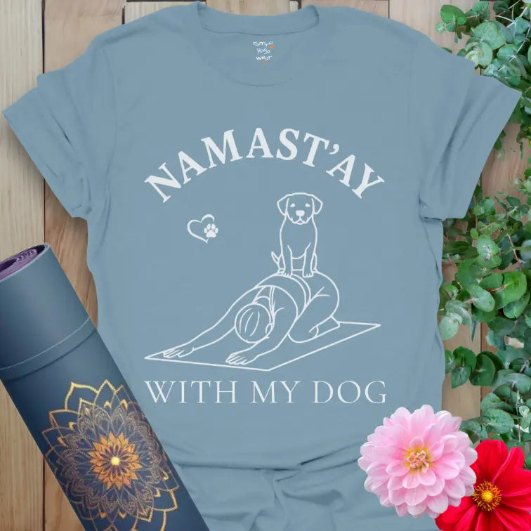 Stone Blue With My Dog T-Shirt with playful yoga dog artwork. Cute dog yoga tee for everyday wear.
