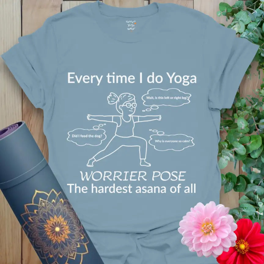 Stone Blue Worrier T-Shirt with minimalist line drawing of a yogi in Warrior Pose and humorous thought bubbles. Perfect for yoga lovers with a sense of humor.