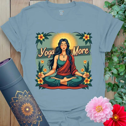 Muted stone blue t-shirt with floral meditation design and yoga lifestyle message for soulful everyday style.