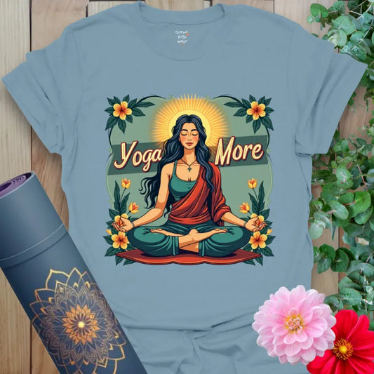 Muted stone blue t-shirt with floral meditation design and yoga lifestyle message for soulful everyday style.