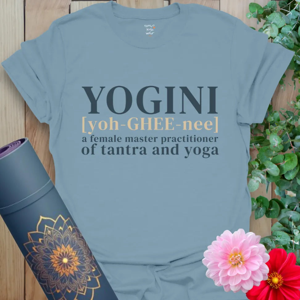 Stone Blue Yogini T-Shirt with defined wording and soft cotton feel. Spiritual gift for yoga lovers.