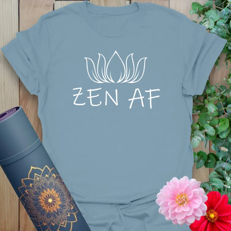 Muted stone blue t-shirt with lotus graphic and spiritual sass quote for lighthearted strength and soul.