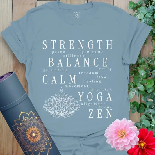 Relaxed yoga t-shirt highlighting calm, grounding, and balance.