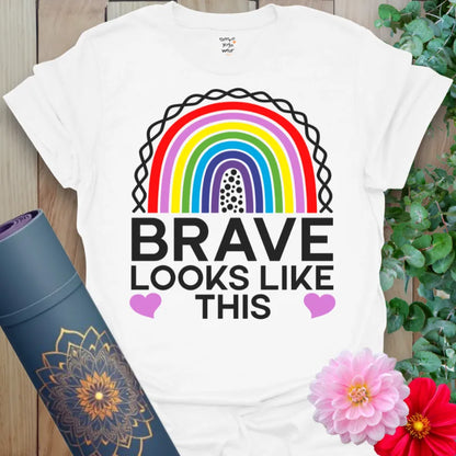 White Brave T-Shirt with multicolored rainbow and bold bravery affirmation