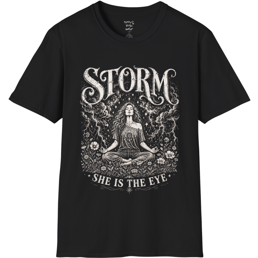 Black Storm T-Shirt featuring mystical goddess artwork with vintage etched lightning and celestial spiritual detailing.