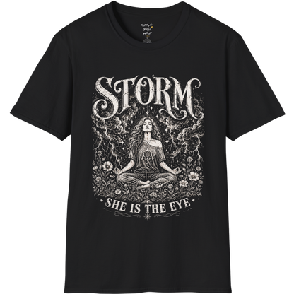 Black Storm T-Shirt featuring mystical goddess artwork with vintage etched lightning and celestial spiritual detailing.