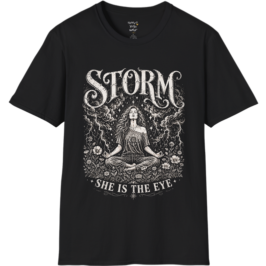 Black Storm T-Shirt featuring mystical goddess artwork with vintage etched lightning and celestial spiritual detailing.