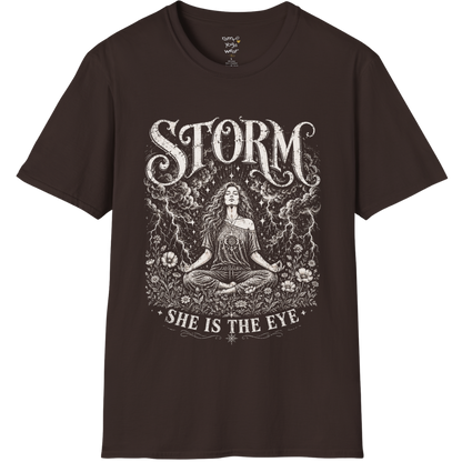 Dark Chocolate Storm T-Shirt with vintage mystical goddess illustration and storm-inspired spiritual artwork.