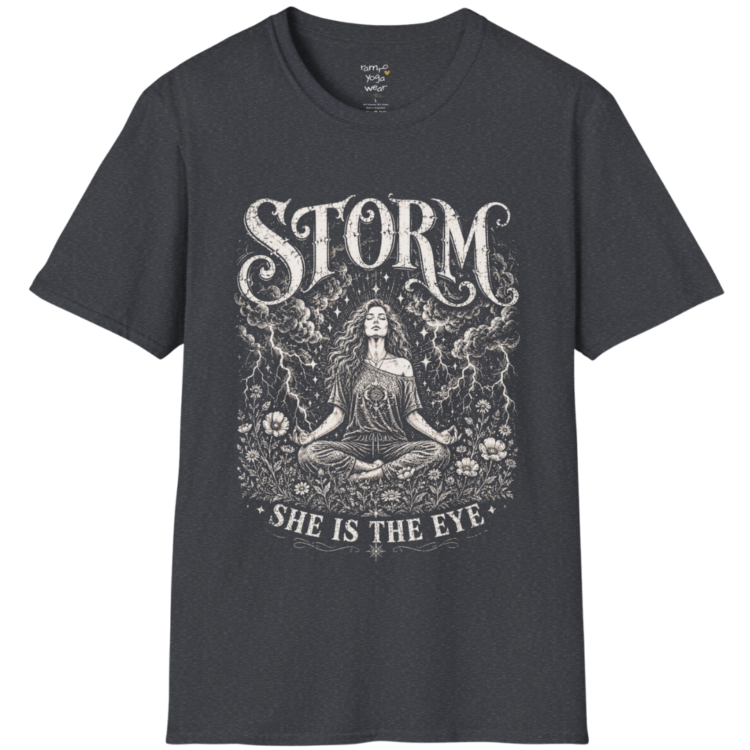 Dark Heather Grey Storm T-Shirt featuring celestial goddess artwork with distressed vintage engraving detail.