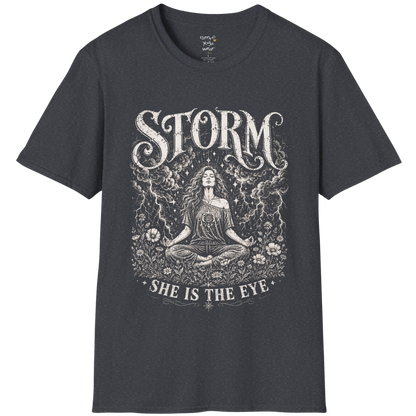 Dark Heather Grey Storm T-Shirt featuring celestial goddess artwork with distressed vintage engraving detail.