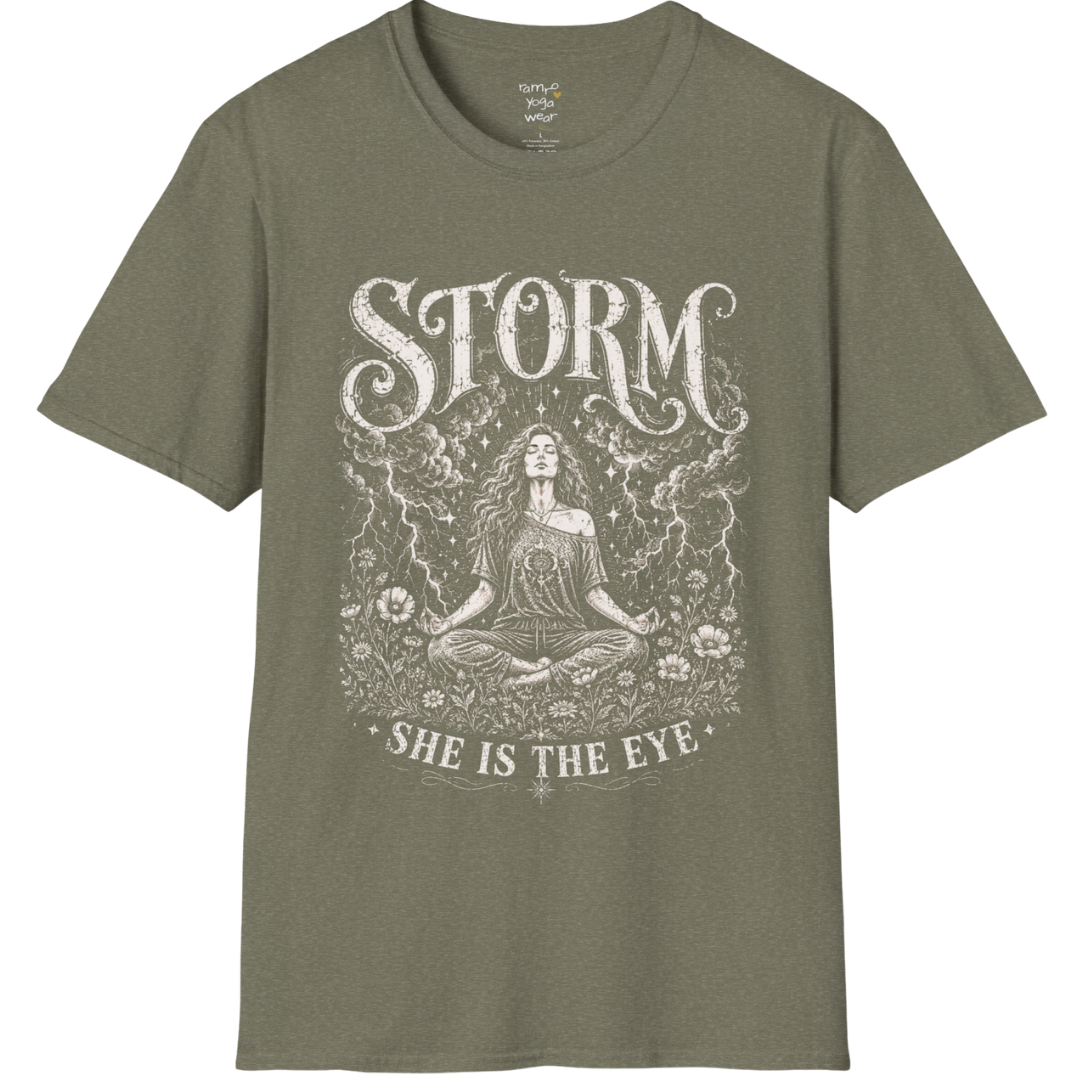 Heather Military Green Storm T-Shirt with mystical feminine artwork and vintage spiritual storm illustration.