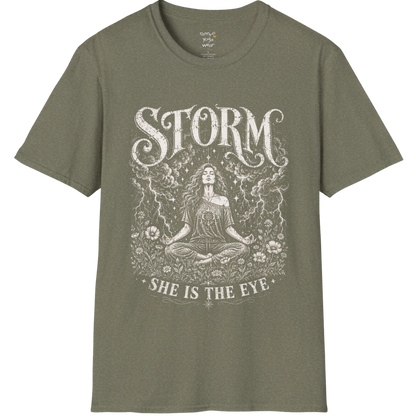Heather Military Green Storm T-Shirt with mystical feminine artwork and vintage spiritual storm illustration.