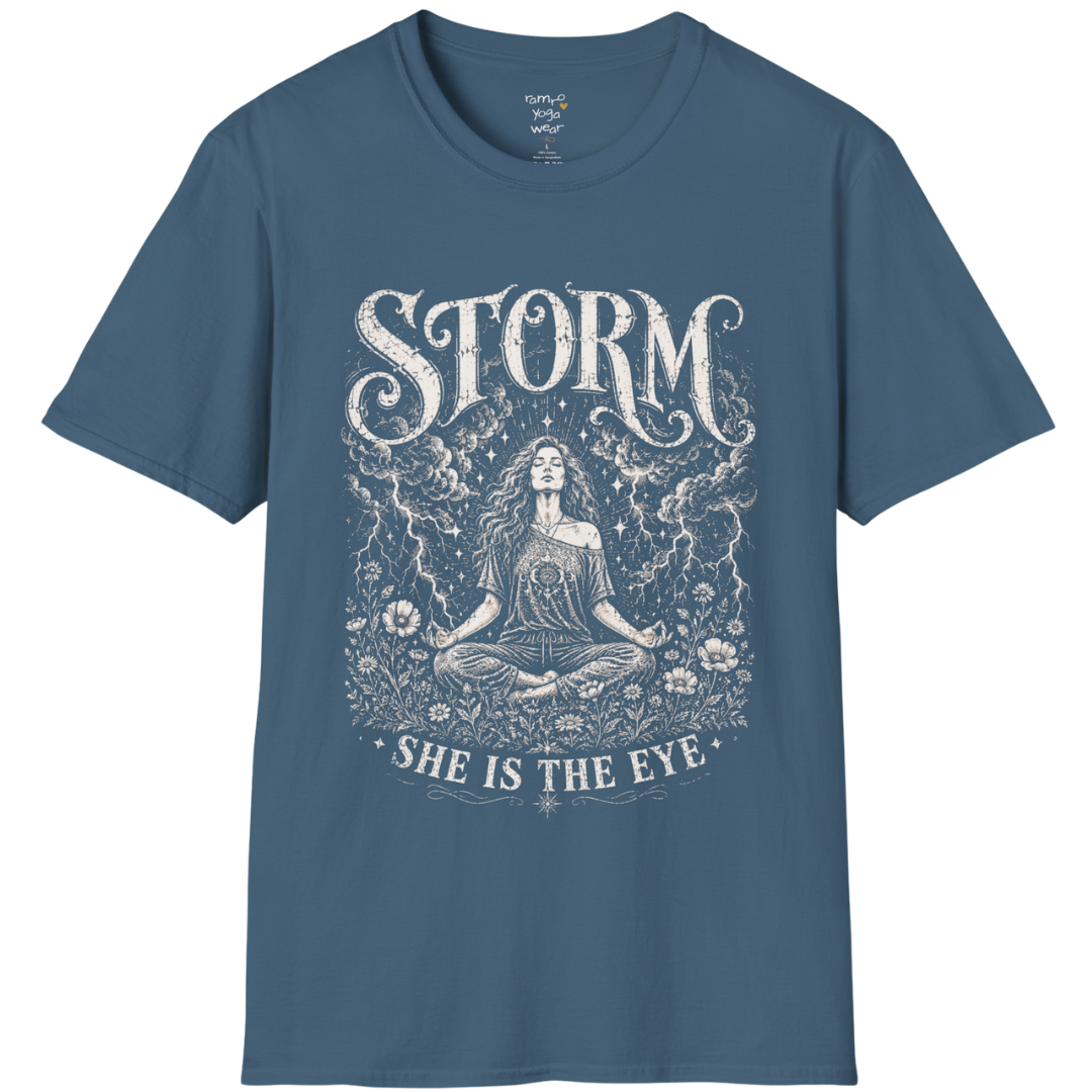 Indigo Blue Storm T-Shirt featuring etched goddess artwork with celestial clouds and lightning detailing.