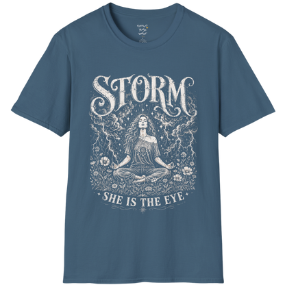 Indigo Blue Storm T-Shirt featuring etched goddess artwork with celestial clouds and lightning detailing.