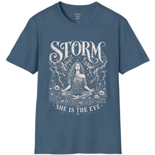 Indigo Blue Storm T-Shirt featuring etched goddess artwork with celestial clouds and lightning detailing.