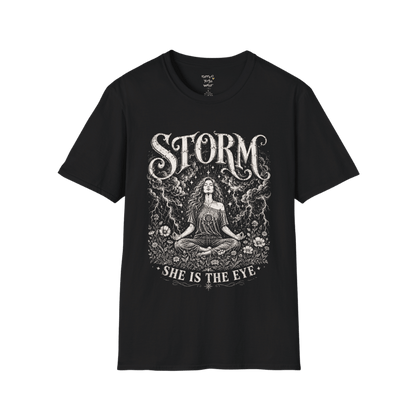 Black Storm T-Shirt featuring mystical goddess artwork with vintage etched lightning and celestial spiritual detailing.