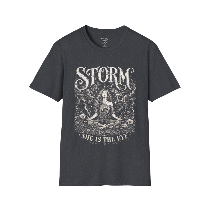 Dark Heather Grey Storm T-Shirt featuring celestial goddess artwork with distressed vintage engraving detail.