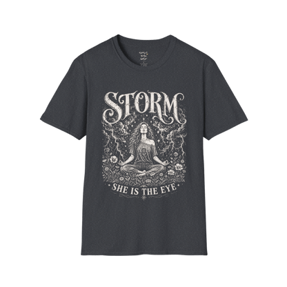 Dark Heather Grey Storm T-Shirt featuring celestial goddess artwork with distressed vintage engraving detail.