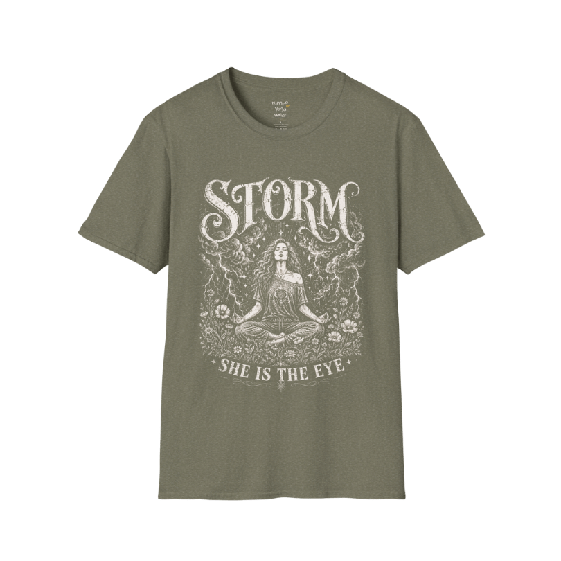 Heather Military Green Storm T-Shirt with mystical feminine artwork and vintage spiritual storm illustration.